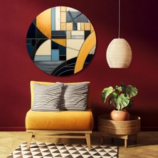 Yuvarlak Temperli Gerçek Cam Tablo Sarı Siyah Soyut Tasarım