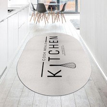 Viyana Home Dijital Baskılı Kaymaz Taban Yıkanabilir Oval Mutfak Halısı Yolluk, V-O-Mutfak-04-Krem,