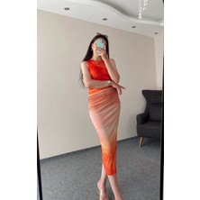 Olbia Butik Bel Büzgülü Astarlı Renk Geçişli Midi Boy Tül Elbise S