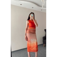 Olbia Butik Bel Büzgülü Astarlı Renk Geçişli Midi Boy Tül Elbise S