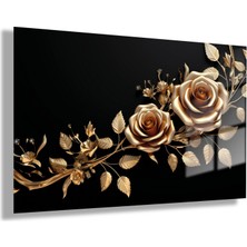 Temperli Gerçek Yatay Cam Tablo Gold Renkli Güller ve Yapraklar