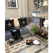 Fleur De Lis Nakışlı Çerçeveli Kırlent Kılıfı Siyah - Gümüş