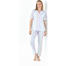 Yeni İnci Çizgili Gömlek Yaka Kadın Pijama Takımı