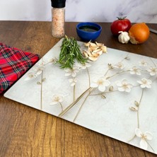 Decorita Cam Kesme Tahtası - Cam Kesme Tablası | Beyaz Çiçek - Gold |