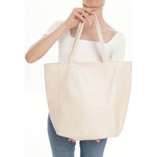 With-W Wıth-W kadın Orijinal Krem Geniş Hacimli Iç Cepli Fermuarlı Kaliteli Deri Shopper Kol ve Omuz Çantası Beck TNC1009