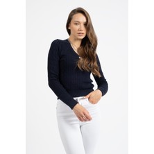 Rtd & Vld Rtd&vld Kadın VT113 V Yaka Örgü Desen Triko Kazak Lacivert