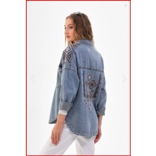 Esb Design Kadın Mavi Cepli Etnik Mevsimlik Düğmeli Uzun Denim Nakışlı Kot Ceket