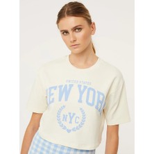 NewLaker Oversize New York Crop Top Krem T-Shirt