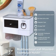 Fsfeng Otomatik Diş Macunu Dispenseri Sıkacağı Duvara Montaj ve Banyo Için Yerden Tasarruflu Diş Fırçası Tutucu (Gri 2 Bardak) (Yurt Dışından)