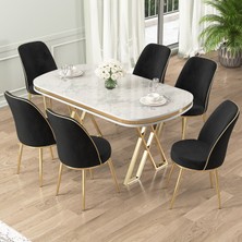 Lai Serisi 90X168 Lak Panel Beyaz Mermer Desen Gold Ayak Masa Takımı 6 Sandalye