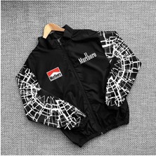Lushen Unisex Y2K Paraşüt Kumaş Oversize Baskılı Siyah Rüzgarlık Yağmurluk Ceket