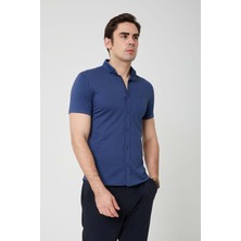Olivia Coonless Erkek Kısa Kol Slim Fit Mavi Gömlek