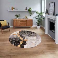 Viyana Home Dijital Kaymaz Taban Yıkanabilir Yuvarlak Mermer Desen Mutfak Salon Halısı, V-Y-Mermer-19-Gold,