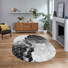 Viyana Home Dijital Kaymaz Taban Yıkanabilir Oval Mermer Desen Mutfak Salon Halısı, V-O-Mermer-19-Gri,
