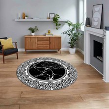 Viyana Home Dijital Kaymaz Taban Yıkanabilir Yuvarlak Mermer Desen Mutfak Salon Halısı, V-Y-Mermer-10-Siyah,