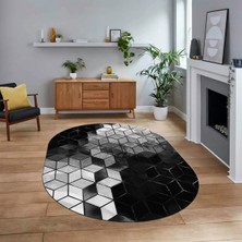 Viyana Home Dijital Kaymaz Taban Yıkanabilir Oval Mermer Desen Mutfak Salon Halısı, V-O-Mermer-19-Antrasit,