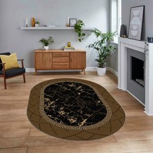 Viyana Home Dijital Kaymaz Taban Yıkanabilir Oval Mermer Desen Mutfak Salon Halısı, V-O-Mermer-23-Kahve,