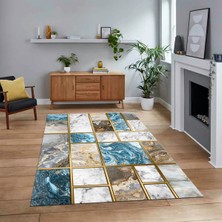 Viyana Home Dijital Baskılı Kaymaz Taban Yıkanabilir Mermer Desen Mutfak Salon Halısı, V-Mermer-28-Mavi,