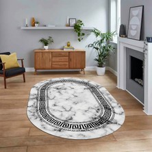 Viyana Home Dijital Kaymaz Taban Yıkanabilir Oval Mermer Desen Mutfak Salon Halısı, V-O-Mermer-14-Siyah,