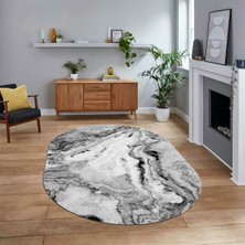 Viyana Home Dijital Kaymaz Taban Yıkanabilir Oval Mermer Desen Mutfak Salon Halısı, V-O-Mermer-26-Siyah,