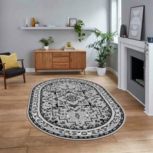 Viyana Home Dijital Kaymaz Taban Yıkanabilir Oval Klasik Desen Yolluk Salon Halısı, V-O-Klasik-10-Gri,