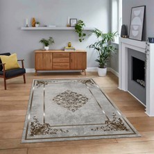 Viyana Home Dijital Baskılı Kaymaz Taban Yıkanabilir Klasik Desen Yolluk Salon Halısı, V-Klasik-05-Kahve,