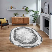Viyana Home Dijital Kaymaz Taban Yıkanabilir Oval Klasik Desen Yolluk Salon Halısı, V-O-Klasik-01-Gri,
