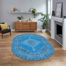 Viyana Home Dijital Kaymaz Taban Yıkanabilir Oval Klasik Desen Yolluk Salon Halısı, V-O-Klasik-06-Mavi,