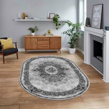 Viyana Home Dijital Kaymaz Taban Yıkanabilir Oval Klasik Desen Yolluk Salon Halısı, V-O-Klasik-29-Gri,