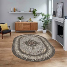 Viyana Home Dijital Kaymaz Taban Yıkanabilir Oval Klasik Desen Yolluk Salon Halısı, V-O-Klasik-26-Gri,