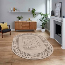 Viyana Home Dijital Kaymaz Yıkanabilir Oval Iskandinav Desen Yolluk Salon Halısı, V-O-Iskandinav-09-Bej,