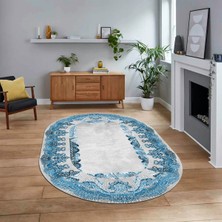 Viyana Home Dijital Kaymaz Taban Yıkanabilir Oval Klasik Desen Yolluk Salon Halısı, V-O-Klasik-08-Mavi,