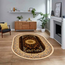 Viyana Home Dijital Kaymaz Taban Yıkanabilir Oval Klasik Desen Yolluk Salon Halısı, V-O-Klasik-14-Kahve,