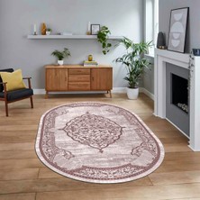Viyana Home Dijital Kaymaz Taban Yıkanabilir Oval Klasik Desen Yolluk Salon Halısı, V-O-Klasik-15-Pembe,
