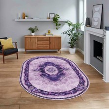Viyana Home Dijital Kaymaz Taban Yıkanabilir Oval Klasik Desen Yolluk Salon Halısı, V-O-Klasik-29-Mor,