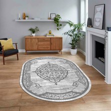 Viyana Home Dijital Kaymaz Taban Yıkanabilir Oval Klasik Desen Yolluk Salon Halısı, V-O-Klasik-15-Gri,