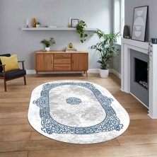 Viyana Home Dijital Kaymaz Taban Yıkanabilir Oval Klasik Desen Yolluk Salon Halısı, V-O-Klasik-20-Mavi,