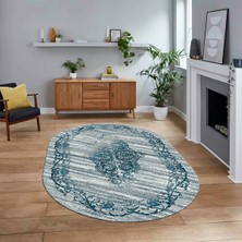 Viyana Home Dijital Kaymaz Taban Yıkanabilir Oval Klasik Desen Yolluk Salon Halısı, V-O-Klasik-11-Mavi,