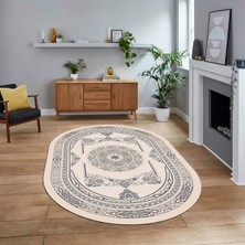 Viyana Home Dijital Kaymaz Taban Yıkanabilir Oval Klasik Desen Yolluk Salon Halısı, V-O-Klasik-17-Krem,