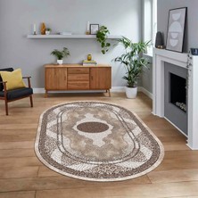 Viyana Home Dijital Kaymaz Taban Yıkanabilir Oval Klasik Desen Yolluk Salon Halısı, V-O-Klasik-24-Kahve,
