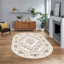 Viyana Home Dijital Kaymaz Taban Yıkanabilir Oval Klasik Desen Yolluk Salon Halısı, V-O-Klasik-23-Krem,