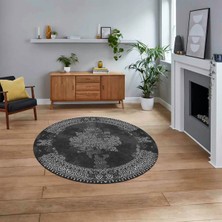 Viyana Home Dijital Kaymaz Taban Yıkanabilir Yuvarlak Klasik Desen Mutfak Salon Halısı, V-Y-Klasik-22-Antrasit,