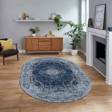 Viyana Home Dijital Kaymaz Taban Yıkanabilir Oval Klasik Desen Yolluk Salon Halısı, V-O-Klasik-07-Mavi,
