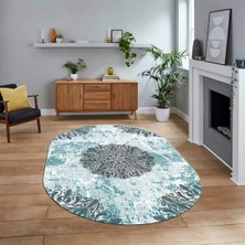 Viyana Home Dijital Kaymaz Taban Yıkanabilir Oval Klasik Desen Yolluk Salon Halısı, V-O-Klasik-19-Mavi,