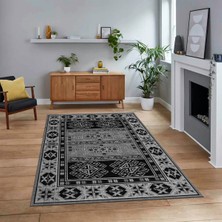 Viyana Home Dijital Baskılı Kaymaz Taban Yıkanabilir Etnik Desen Yolluk Salon Halısı, V-Etnik-11-Antrasit,