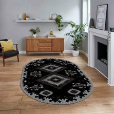 Viyana Home Dijital Baskılı Kaymaz Taban Yıkanabilir Oval Etnik Desen Yolluk Salon Halısı, V-O-Etnik-02-Antrast,