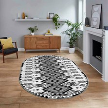 Viyana Home Dijital Baskılı Kaymaz Taban Yıkanabilir Oval Etnik Desen Yolluk Salon Halısı, V-O-Etnik-06-Gri,