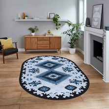 Viyana Home Dijital Baskılı Kaymaz Taban Yıkanabilir Oval Etnik Desen Yolluk Salon Halısı, V-O-Etnik-02-Mavi,