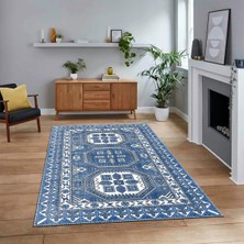 Viyana Home Dijital Baskılı Kaymaz Taban Yıkanabilir Etnik Desen Yolluk Salon Halısı, V-Etnik-14-Mavi,