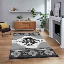 Viyana Home Dijital Baskılı Kaymaz Taban Yıkanabilir Etnik Desen Yolluk Salon Halısı, V-Etnik-05-Gri,